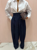 Pantalone denim vita alta con riprese