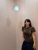 Top camicia coreana in pizzo marrone