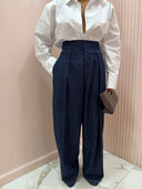 Pantalone denim vita alta con riprese