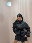 Coordinato ecopelle biker e shorts nero