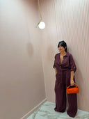 Coordinato in lino camicia e pantalone lungo prugna