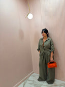 Coordinato in lino camicia e pantalone lungo verde