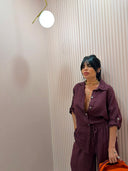 Coordinato in lino camicia e pantalone lungo prugna
