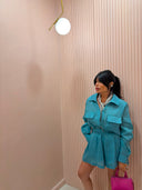 Coordinato camicia e shorts in lino turchese
